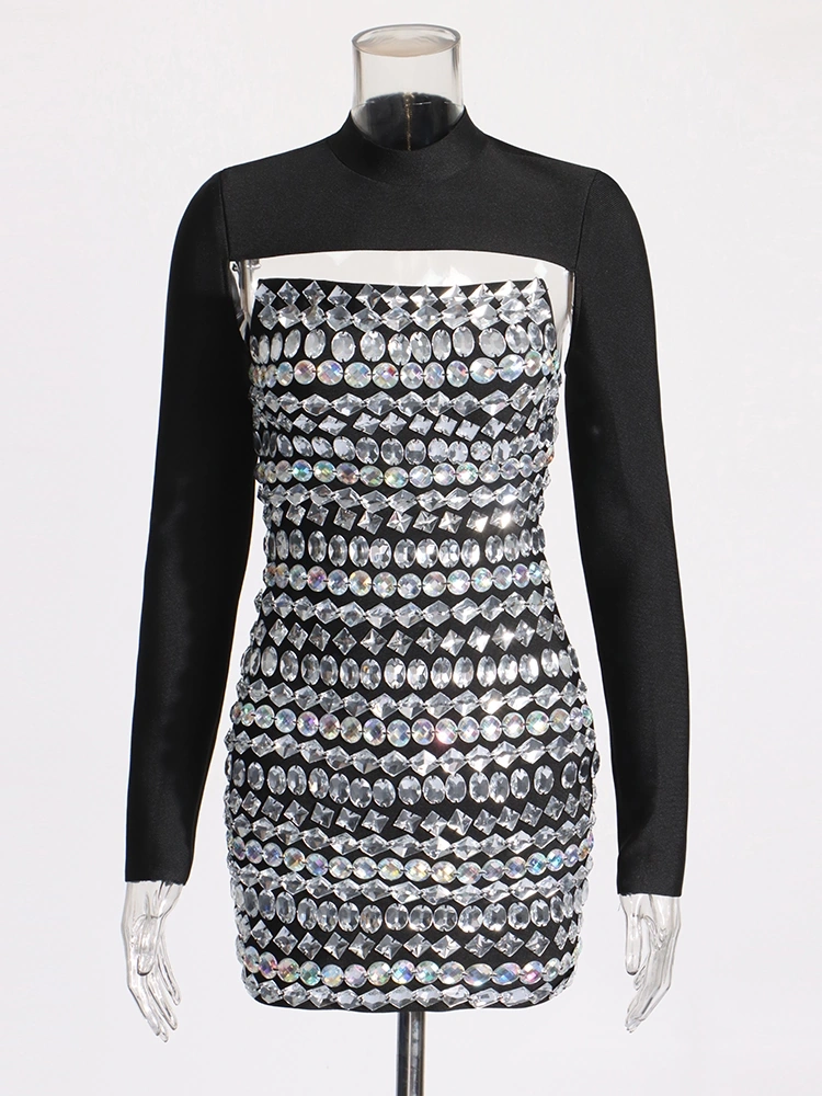 Diamonds Studded Strapless Slim Bandage Two Piece Set