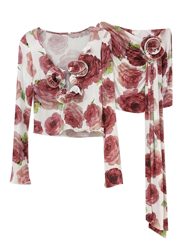 Rose Print Three-Dimensional Flower Two Piece Set New