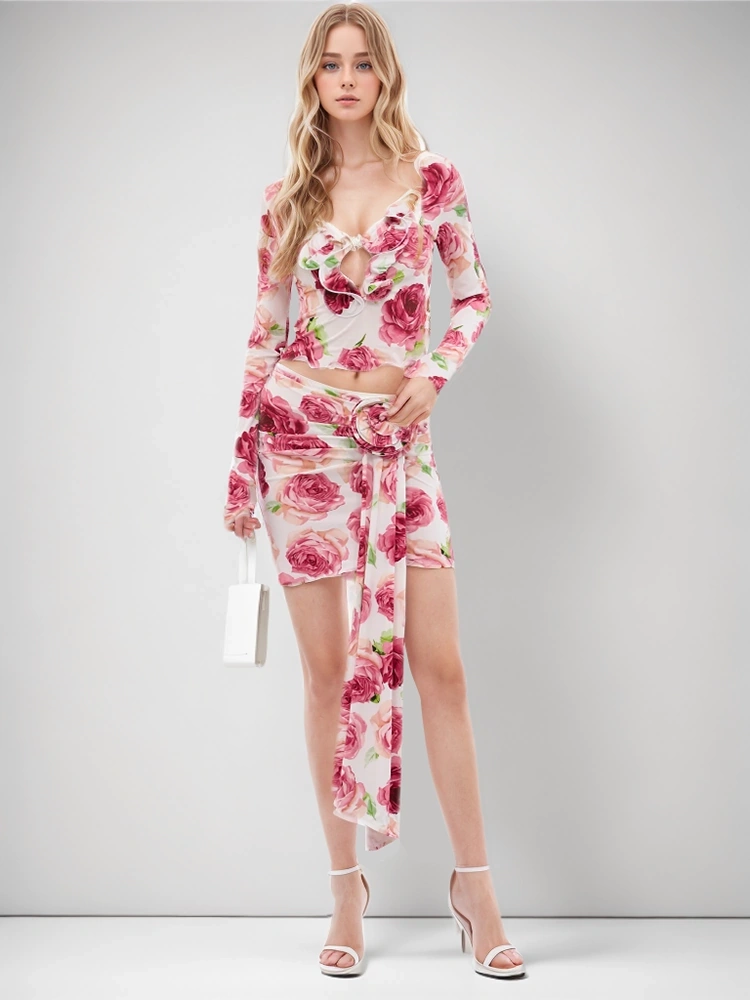 Rose Print Three-Dimensional Flower Two Piece Set New