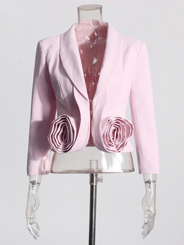 Pink Rose Cut Deep V neck Bomber Blazer With Pleated Skirt Two Piece Set