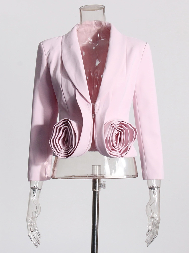 Pink Rose Cut Deep V neck Bomber Blazer With Pleated Skirt Two Piece Set