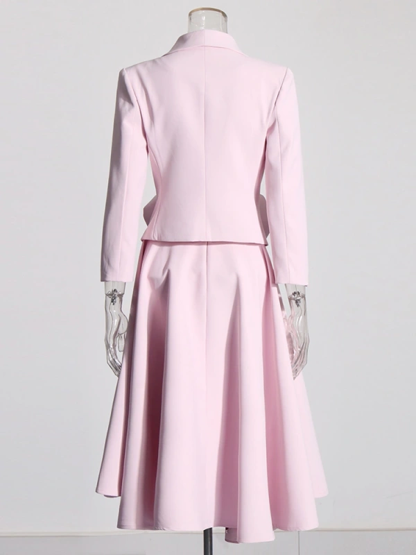 Pink Rose Cut Deep V neck Bomber Blazer With Pleated Skirt Two Piece Set