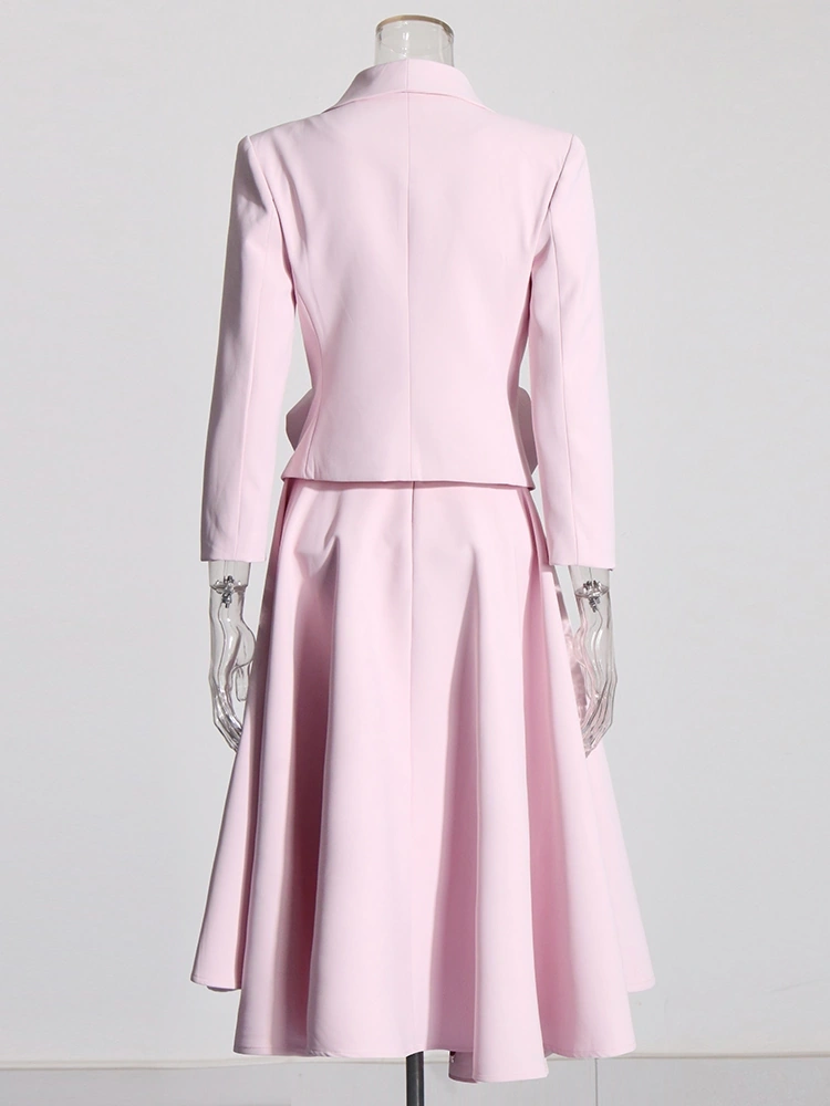 Pink Rose Cut Deep V neck Bomber Blazer With Pleated Skirt Two Piece Set