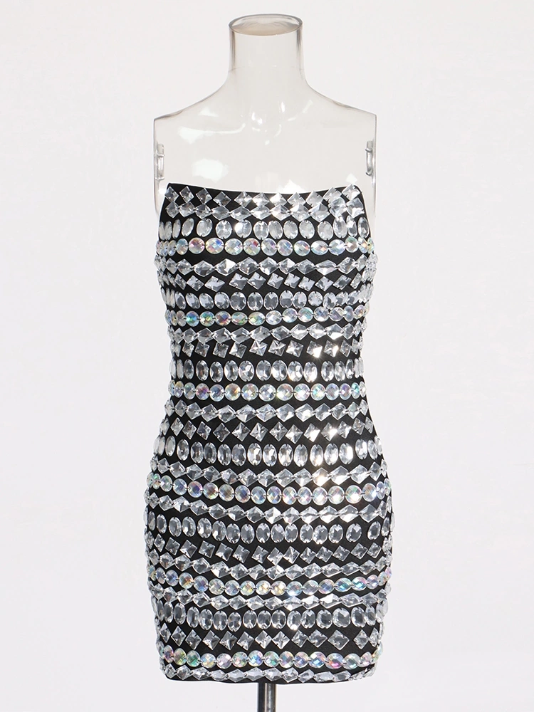 Diamonds Studded Strapless Slim Bandage Two Piece Set