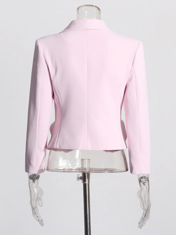 Pink Rose Cut Deep V neck Bomber Blazer With Pleated Skirt Two Piece Set
