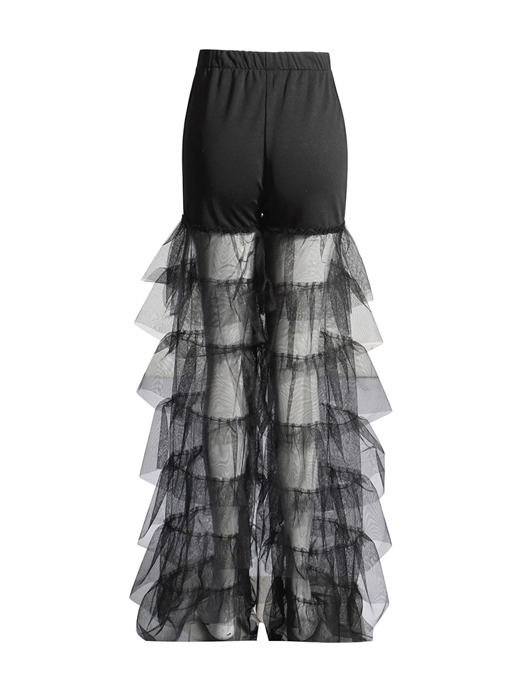 High Waisted  Diamonds Patchwork Ruffled Cake Straight Leg Pant