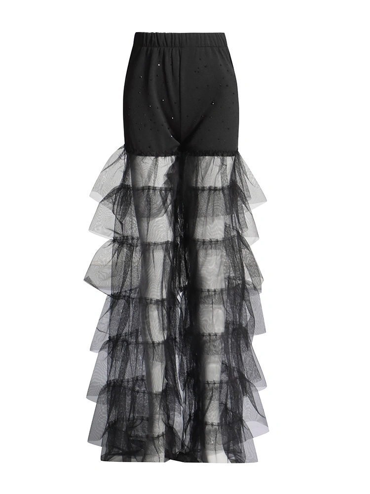 High Waisted  Diamonds Patchwork Ruffled Cake Straight Leg Pant