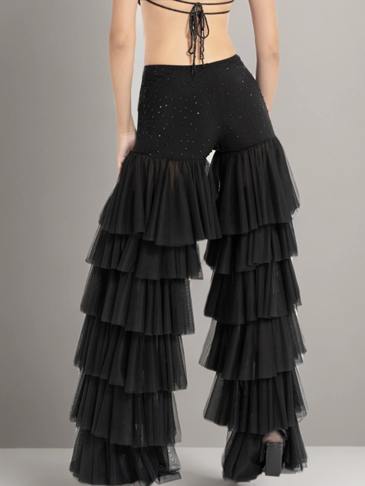 High Waisted  Diamonds Patchwork Ruffled Cake Straight Leg Pant