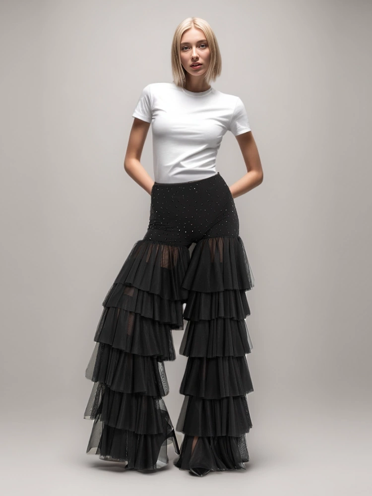 High Waisted  Diamonds Patchwork Ruffled Cake Straight Leg Pant
