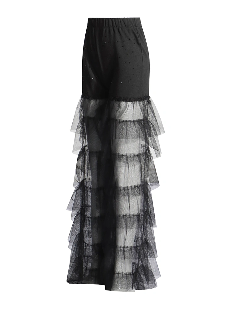 High Waisted  Diamonds Patchwork Ruffled Cake Straight Leg Pant