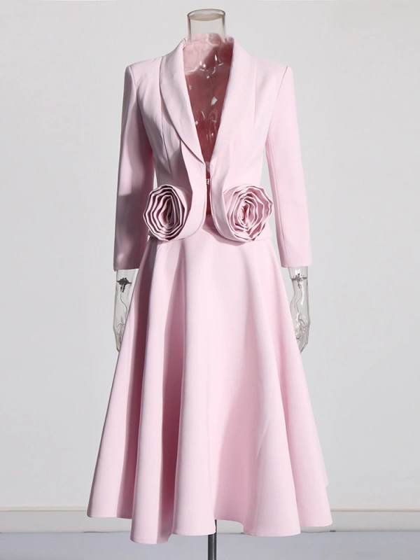 Pink Rose Cut Deep V neck Bomber Blazer With Pleated Skirt Two Piece Set