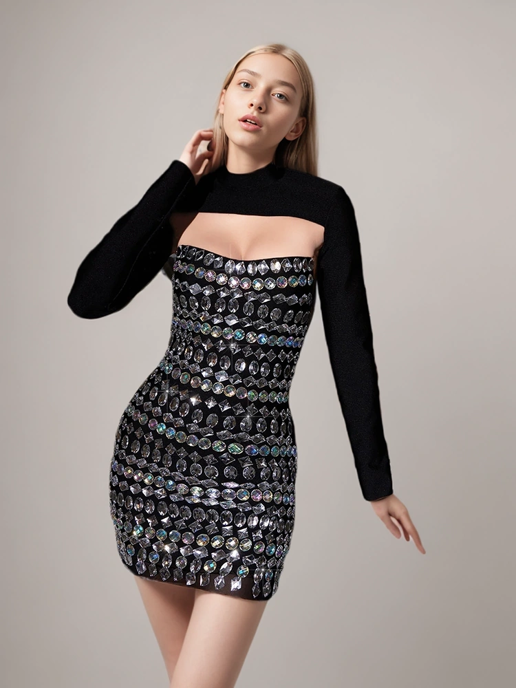 Diamonds Studded Strapless Slim Bandage Two Piece Set