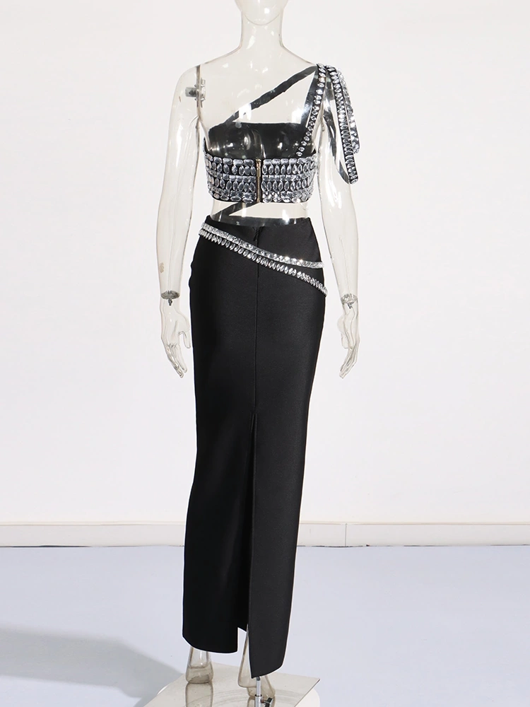 Diamonds Diagonal Sholuder Backless Two Piece Set