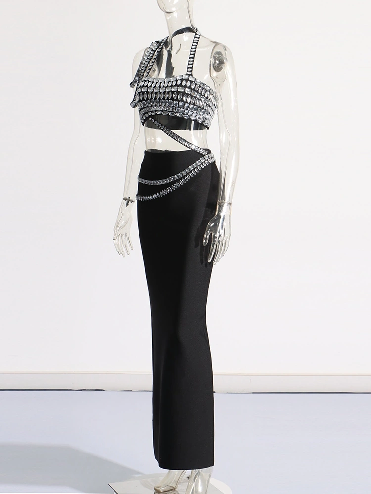 Diamonds Diagonal Sholuder Backless Two Piece Set