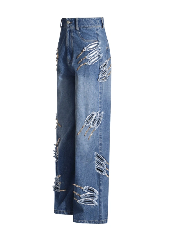 Vintage Patchwork Metal Claw Distressed Jeans