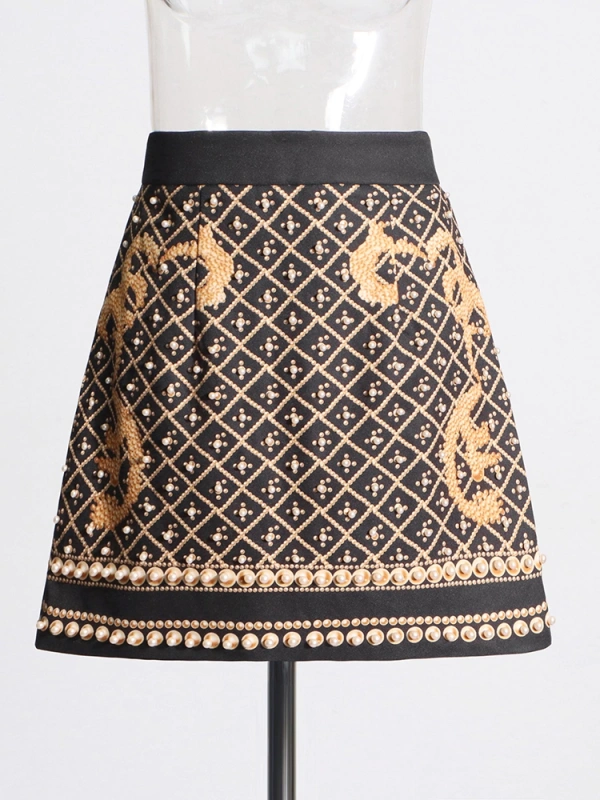 Retro Printing Beaded High Waisted Skirt