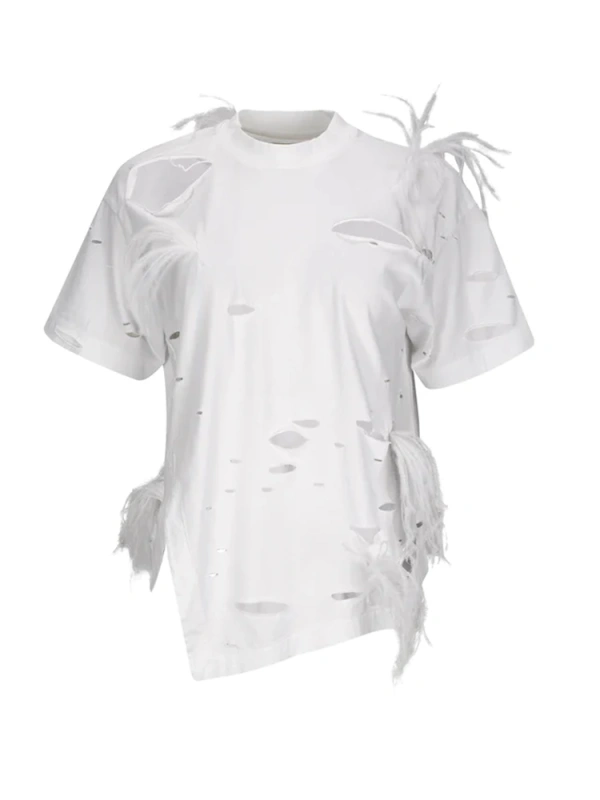 Design Distressed Feather Irregular Split T-shirt