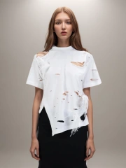 Design Distressed Feather Irregular Split T-shirt