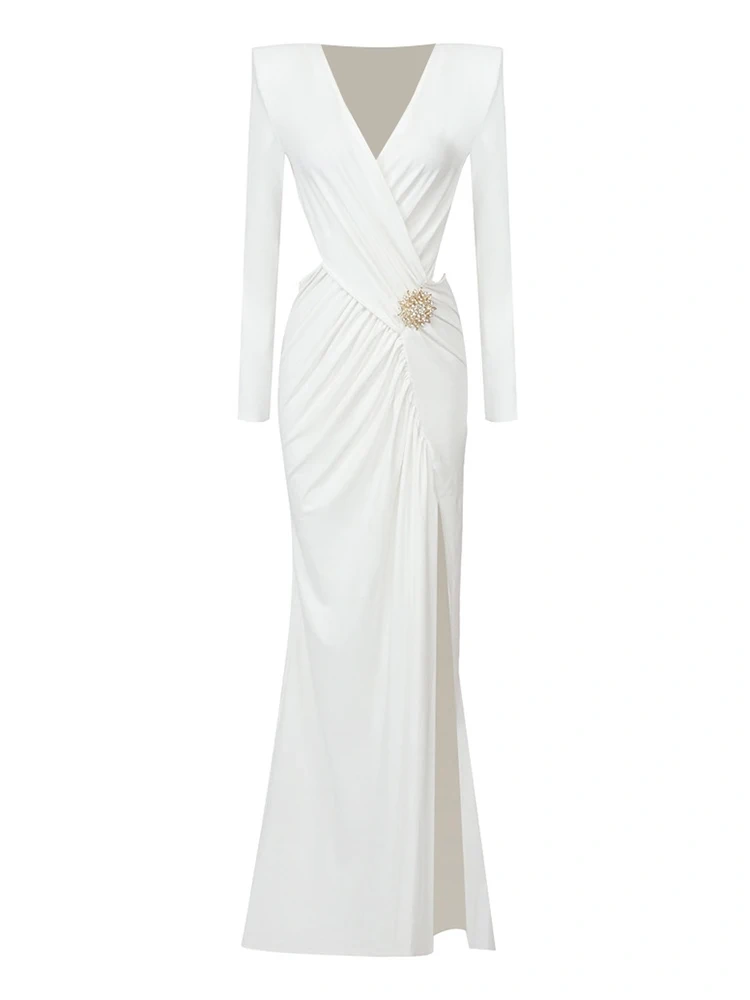 White long sleeved pleated hollowed out cross over d  ress with V-neck