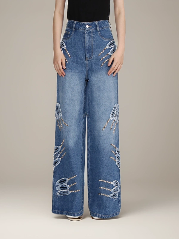 Vintage Patchwork Metal Claw Distressed Jeans