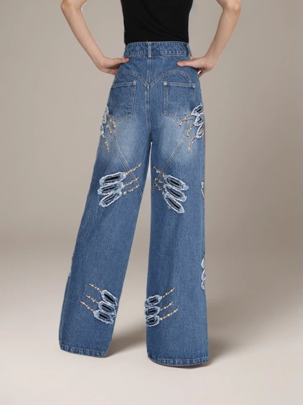 Vintage Patchwork Metal Claw Distressed Jeans