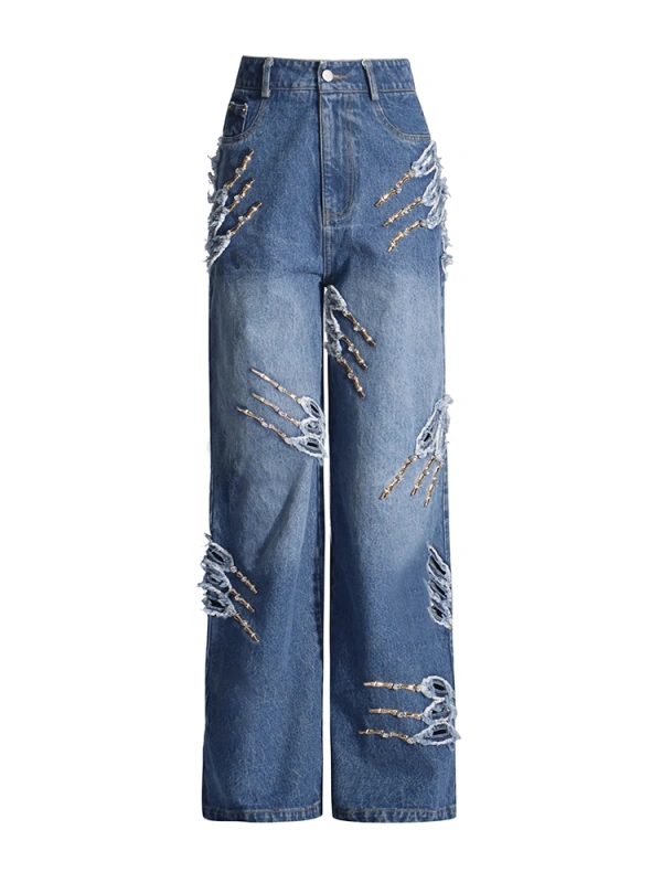 Vintage Patchwork Metal Claw Distressed Jeans