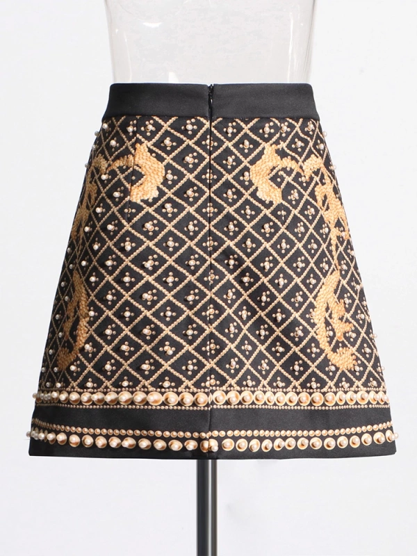 Retro Printing Beaded High Waisted Skirt
