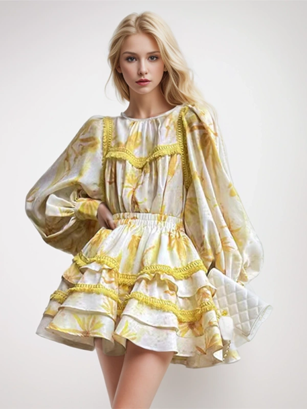 Print Two-Piece Set Lantern Sleeve Blouse A Line Skirt