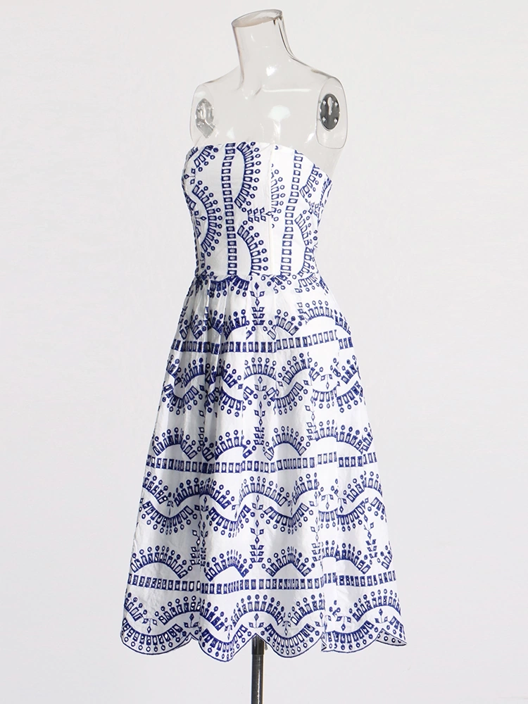 Embroidered Printing Hem Ruffled Edges Strapless Dresses New