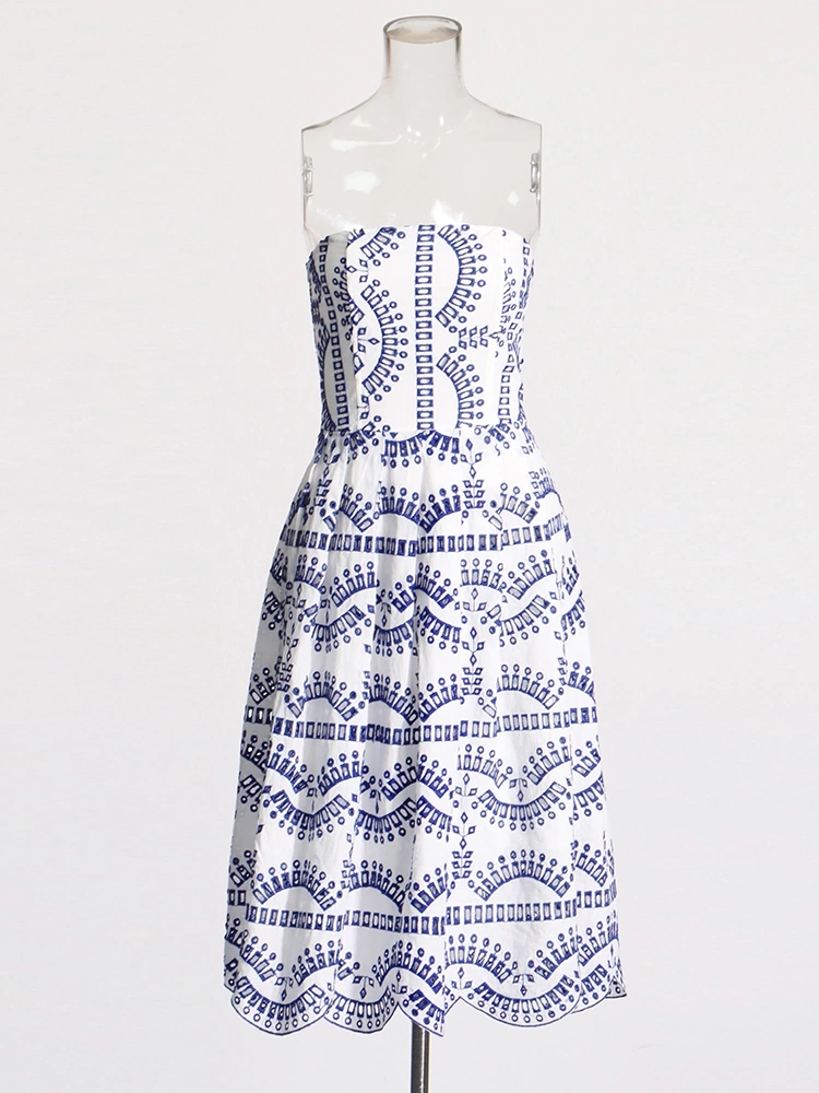 Embroidered Printing Hem Ruffled Edges Strapless Dresses New