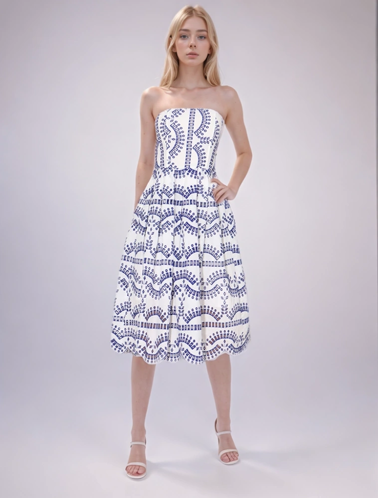 Embroidered Printing Hem Ruffled Edges Strapless Dresses New