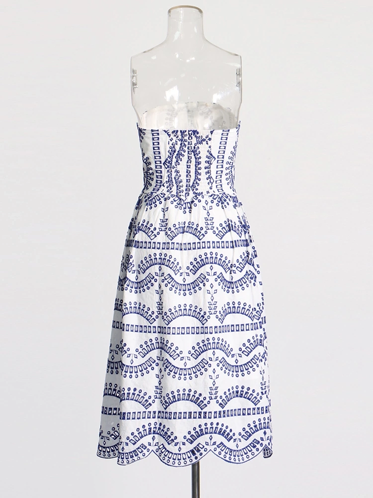 Embroidered Printing Hem Ruffled Edges Strapless Dresses New