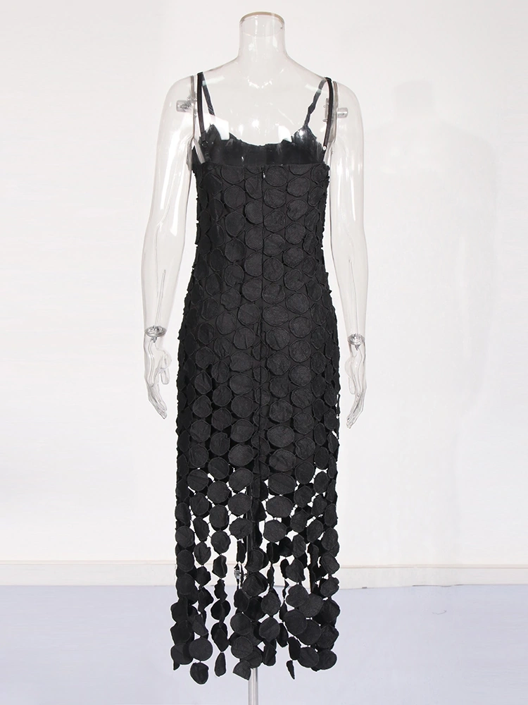 Sexy Embroidered Round Panel Hollow Out Suspender  Maxi Dresses