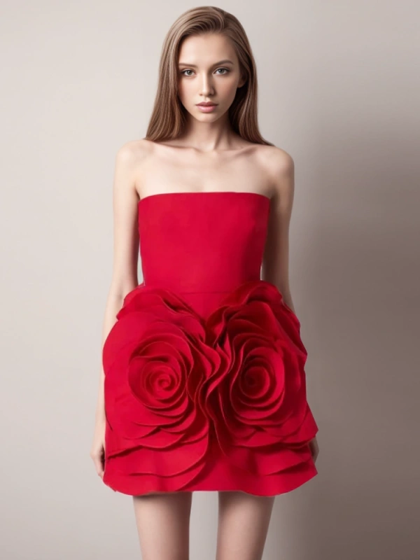 Rose Large Flower Strapless  Mini Dresses
