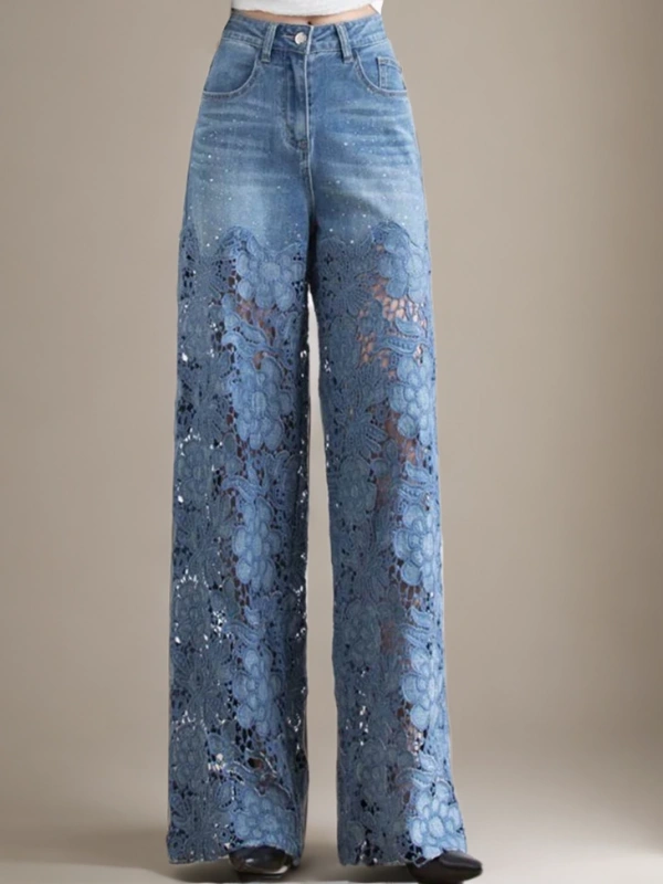 Hollow Out Lace Patchwork Wide Leg Pants Jeans