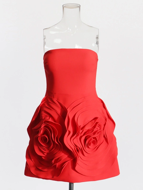 Rose Large Flower Strapless  Mini Dresses
