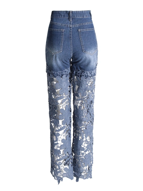 Hollow Out Lace Patchwork Wide Leg Pants Jeans