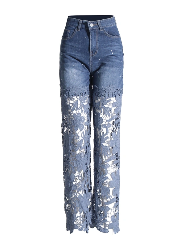 Hollow Out Lace Patchwork Wide Leg Pants Jeans