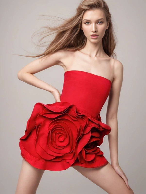 Rose Large Flower Strapless  Mini Dresses