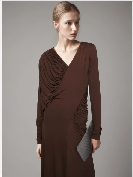 V Neck Pleated Asymmerrical  Maxi  Dresses