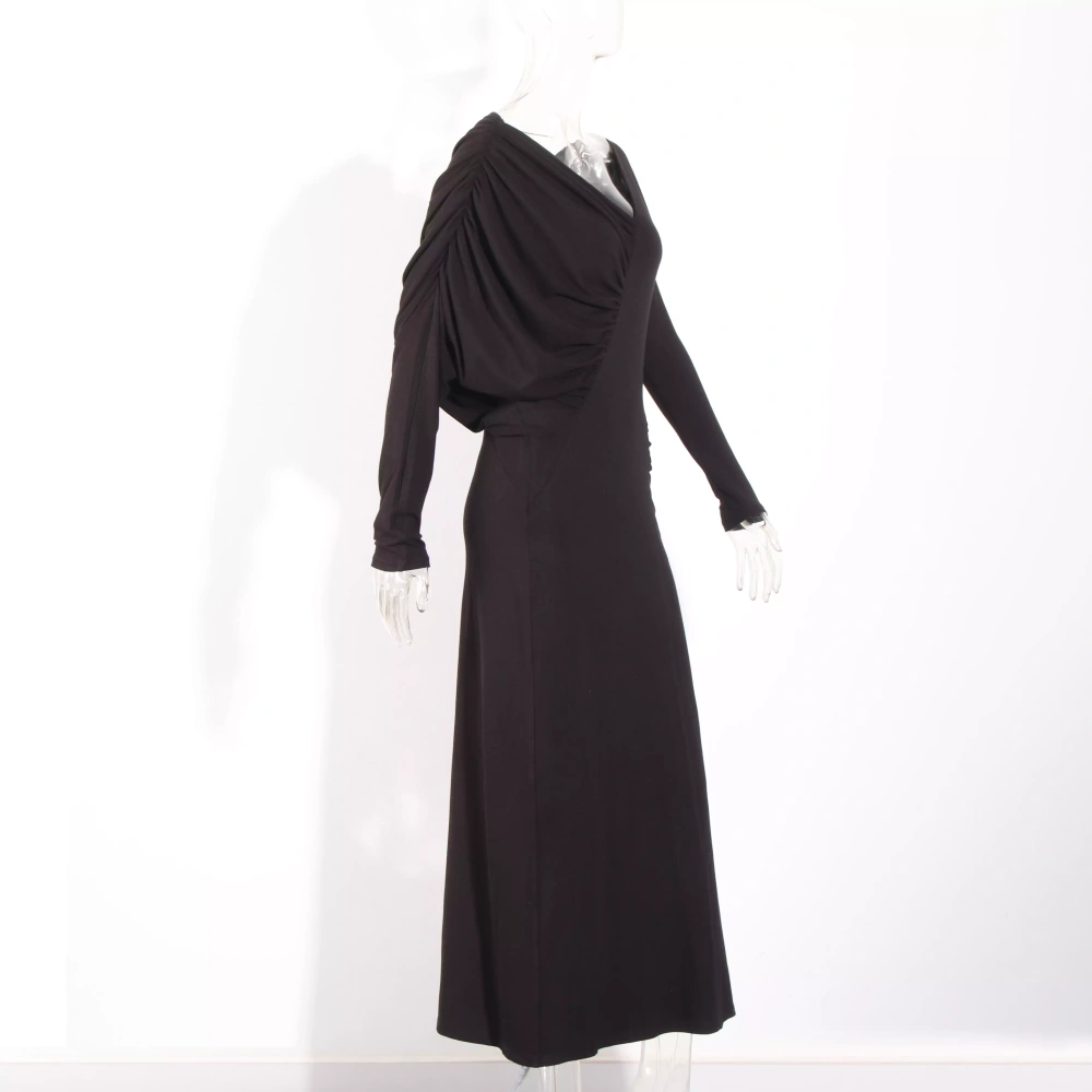 V Neck Pleated Asymmerrical  Maxi  Dresses