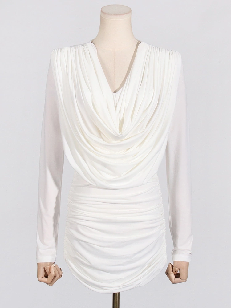 Round Neck Long Sleeve Multilayer Folds Maxi Dresses