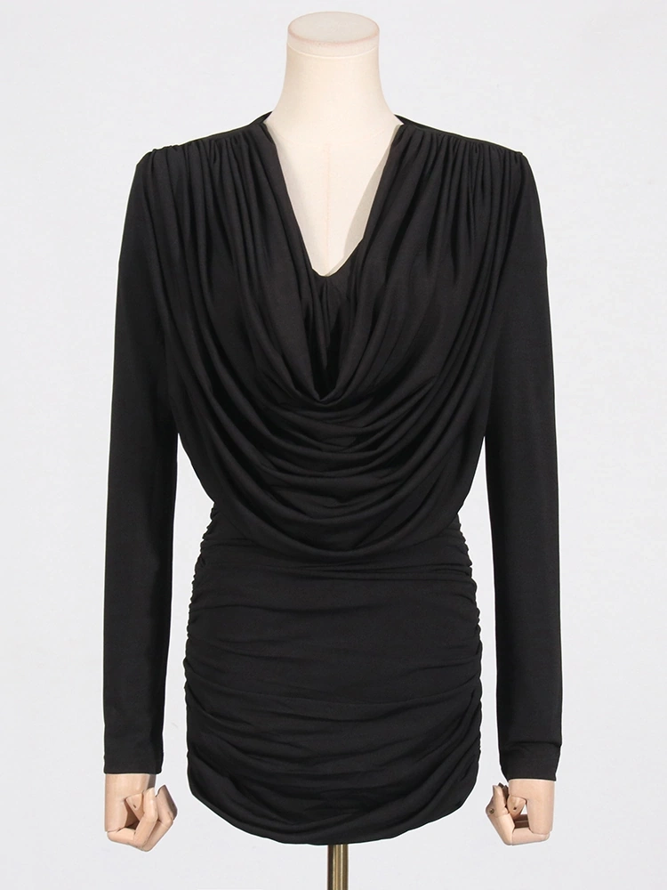 Round Neck Long Sleeve Multilayer Folds Maxi Dresses