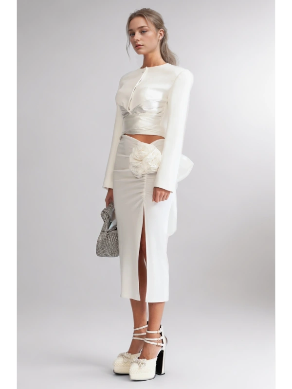 Round Neck Long Sleeve  Lace Up  Blouse With Split Floral Skirt Two Piece Set