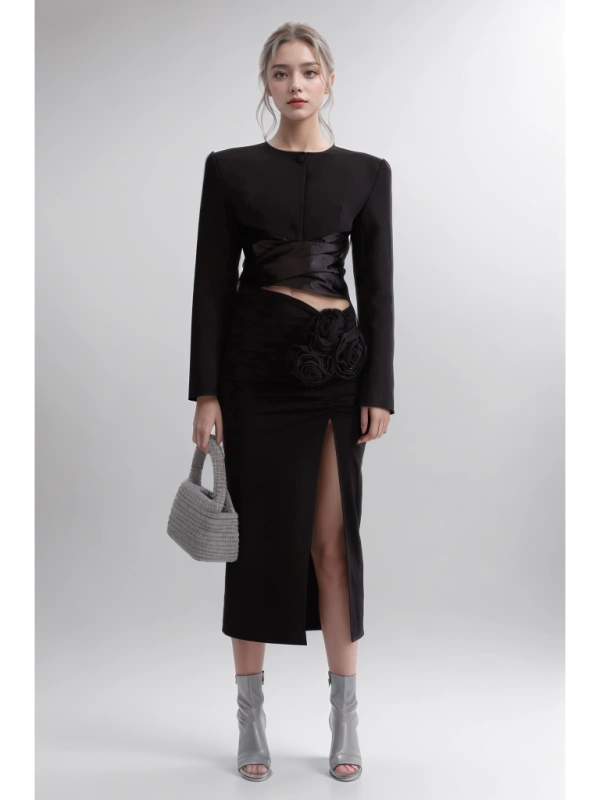 Round Neck Long Sleeve  Lace Up  Blouse With Split Floral Skirt Two Piece Set