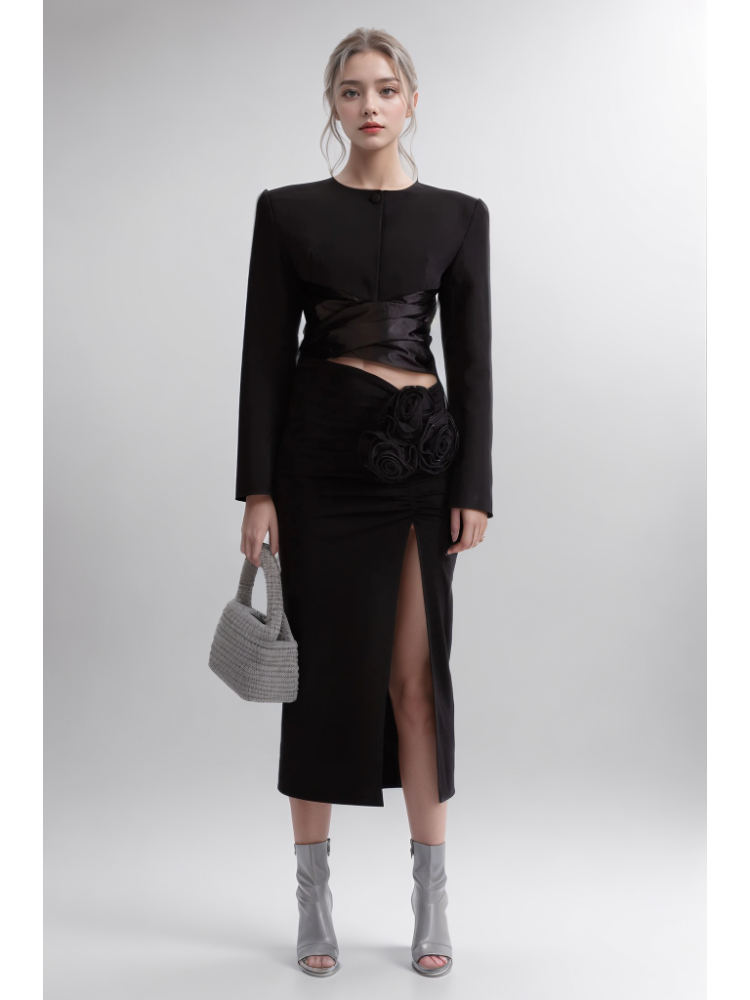 Round Neck Long Sleeve  Lace Up  Blouse With Split Floral Skirt Two Piece Set
