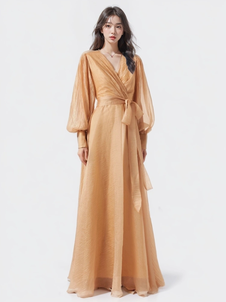 V Neck Lace Up Patchwork Bubble Sleeve  Maxi Dresses