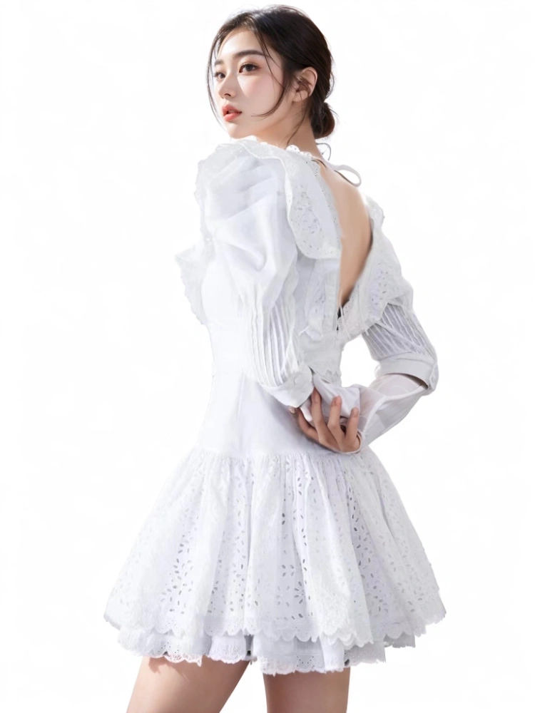 V Neck Silhouette Sleeve Lace  Mini Dresses