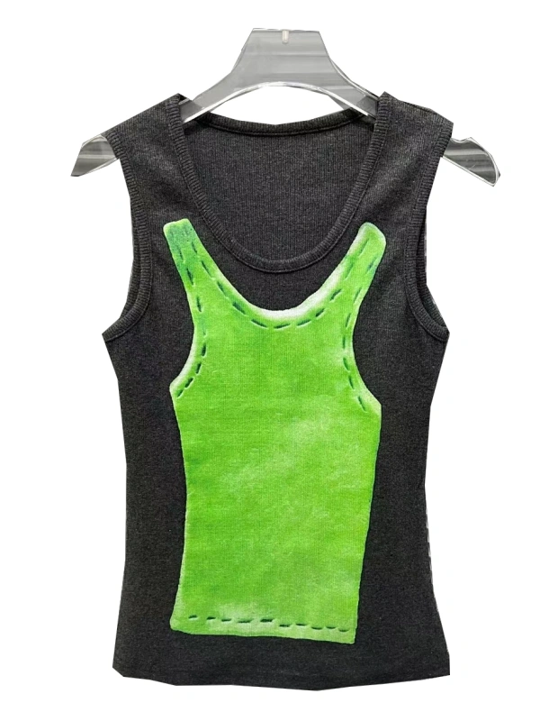 Green Printed Visual Contrast Vest New