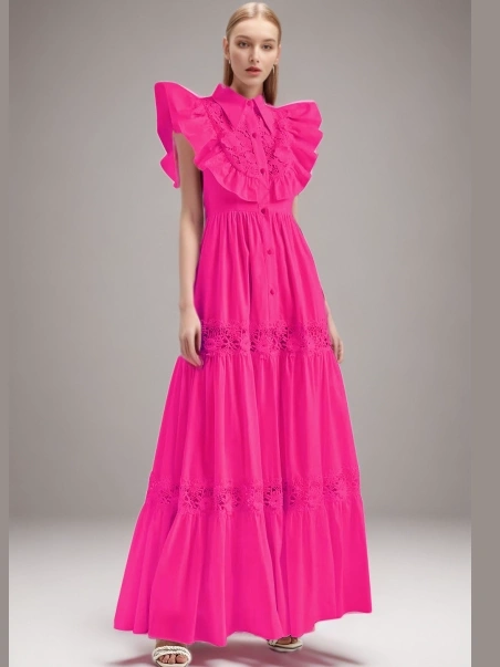 Flip Collar Edge Rose Embroidered Waist Maxi Dress